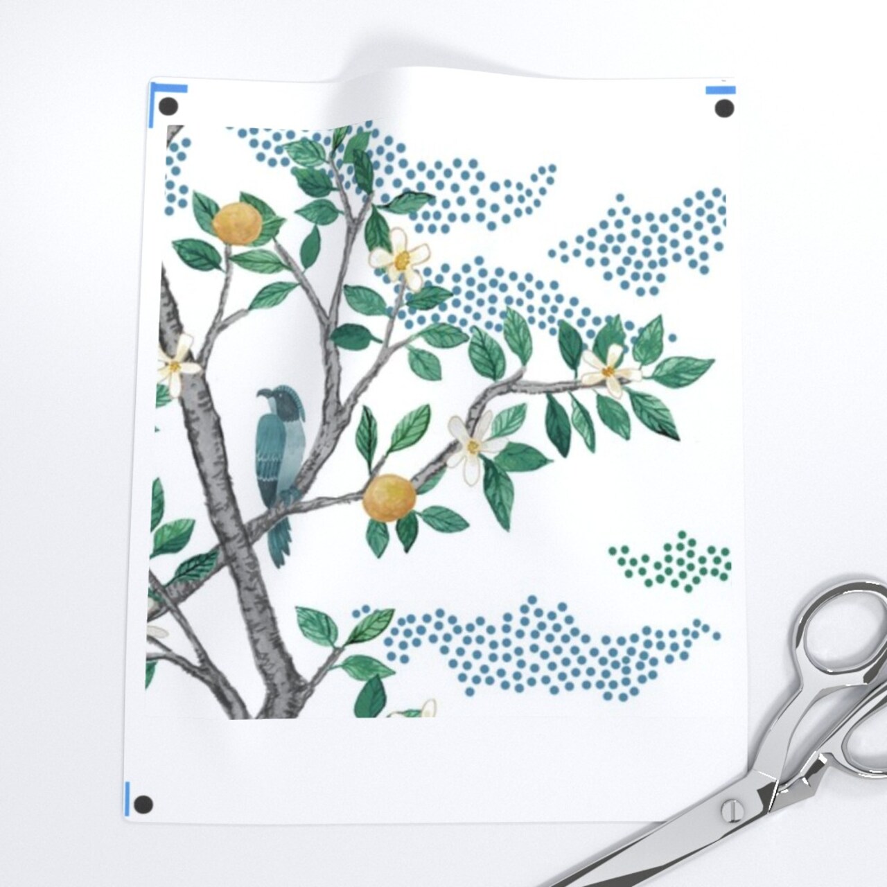 Orchard Toile Bird Green Blue Citrus Trees Large Scale Oranges Lemon Toile Chinoiserie Mural Grove Custom Pre-pasted Wallpaper by Spoonflower Pre-Pasted Wallpaper 2FT Wide
